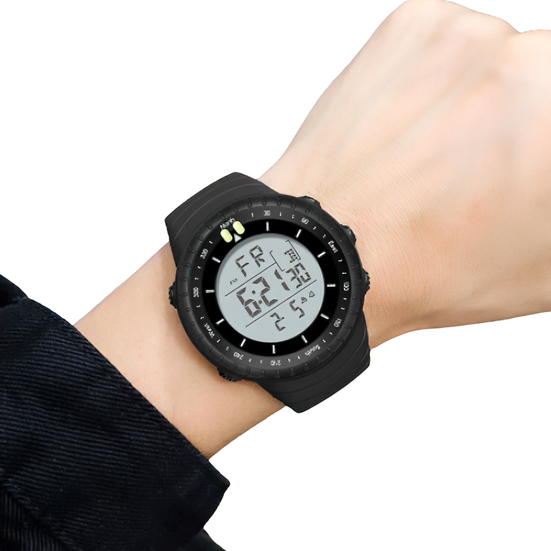 Stylish men's military electronic watch on wrist, featuring multifunctional, shockproof and waterproof design.