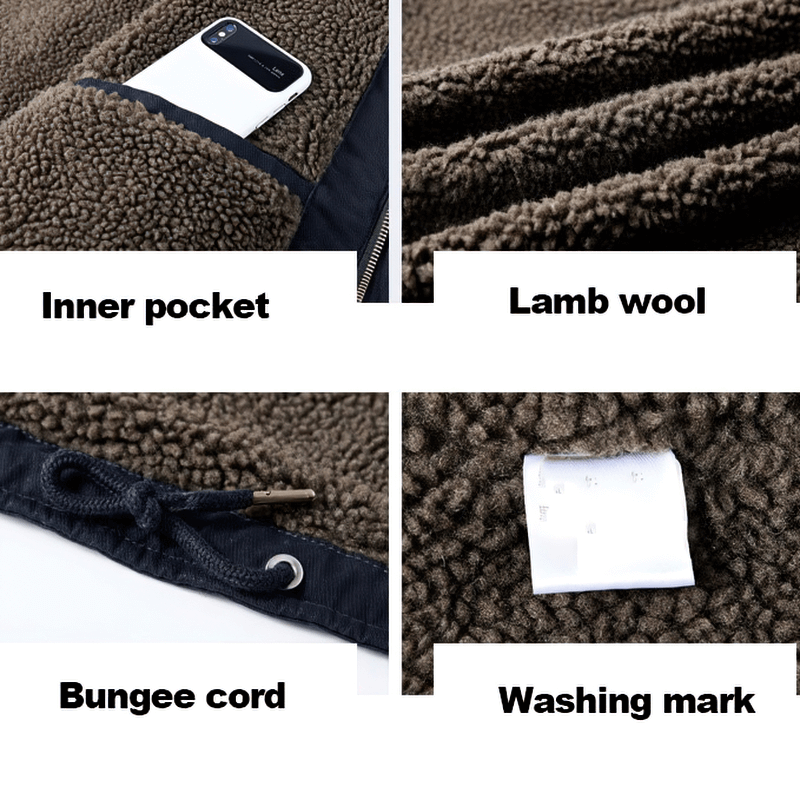 Close-up details of a windproof jacket: inner pocket, cozy lamb wool, bungee cord, and washing care label.