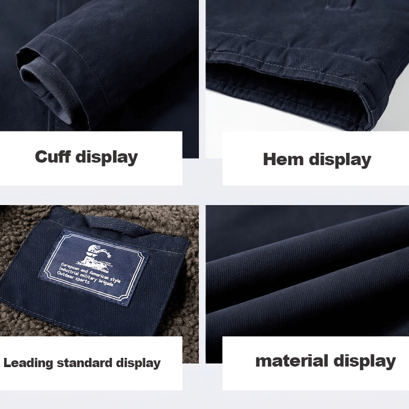 Detailed displays of a casual windproof military jacket's cuff, hem, leading standard, and material for quality inspection.