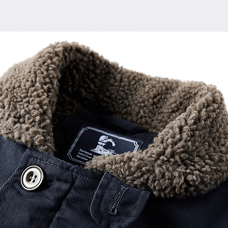 Close-up of a casual military jacket collar featuring soft fleece lining, perfect for warmth and style.