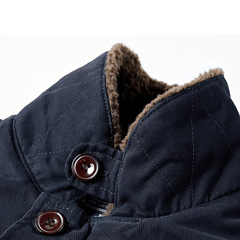 Close-up view of a navy windproof jacket collar with buttons and warm lining, showcasing stylish military design.