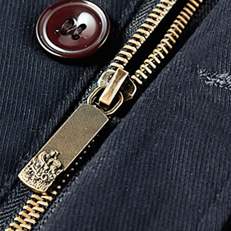 Close-up of a stylish navy jacket zipper and button detailing, showcasing quality craftsmanship for casual military wear.