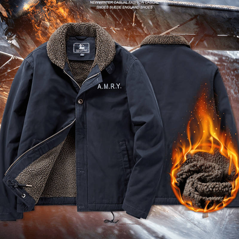 Casual military-style jacket with fur collar, featuring windproof material and stylish design for men's outerwear.