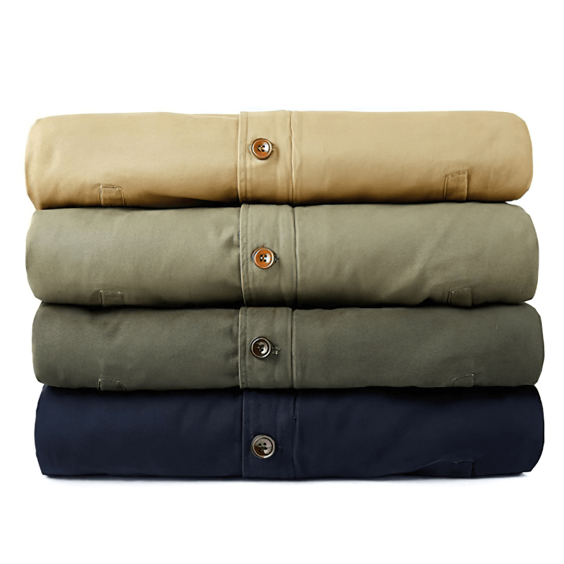 Stacked casual military jackets in khaki, olive, gray, and navy colors, featuring button details and windproof fabric.