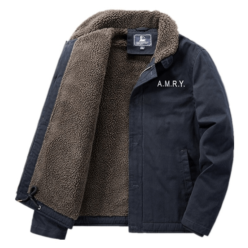 Casual military jacket with cozy fleece lining, featuring A.M.R.Y. logo and stylish design, perfect for chilly weather.