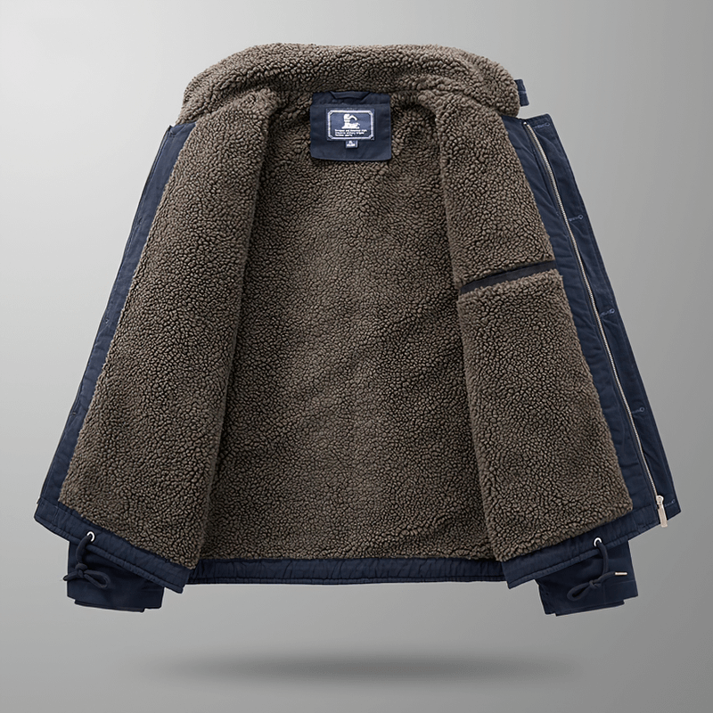 Inside view of a casual military jacket showcasing cozy, thick insulation and zipper details for warmth and style.