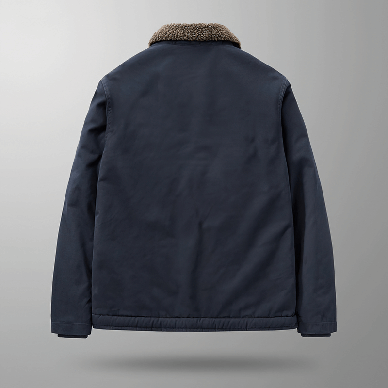 Back view of a stylish navy blue windproof military jacket with a cozy collar.