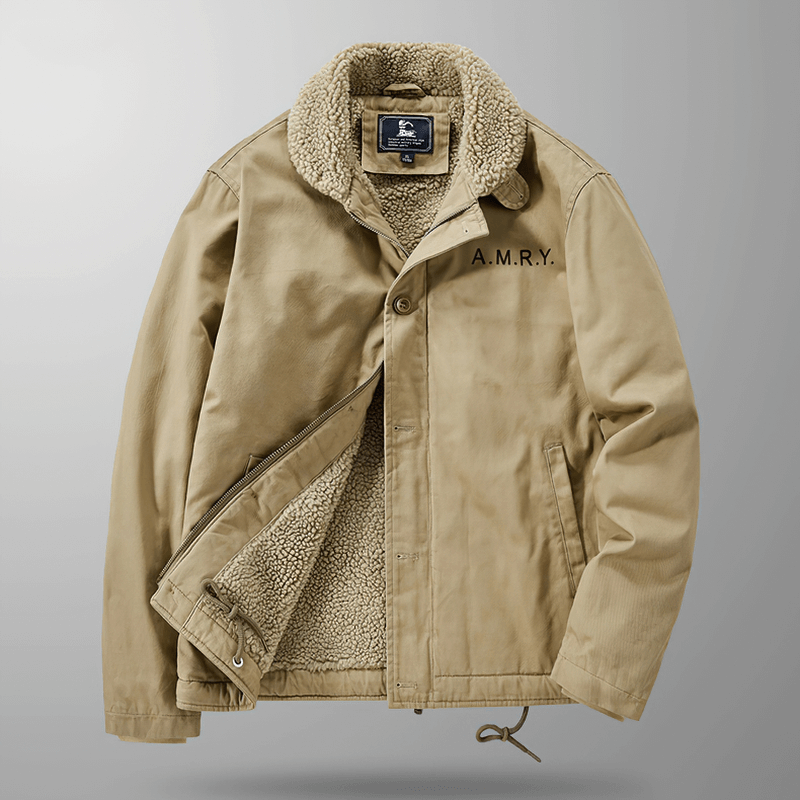 Casual military jacket with shearling collar, windproof and stylish, perfect for a trendy outerwear look.