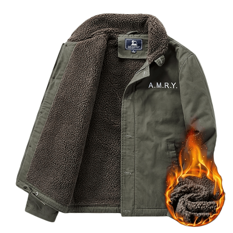 Casual military jacket with cozy fur lining, showcasing windproof style and embroidered A.M.R.Y. branding.