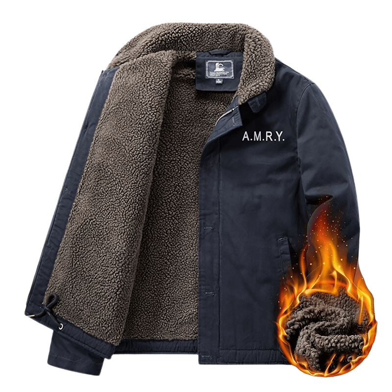 Casual military jacket without a hood, featuring a warm fleece lining, stylish design, and A.M.R.Y. logo.