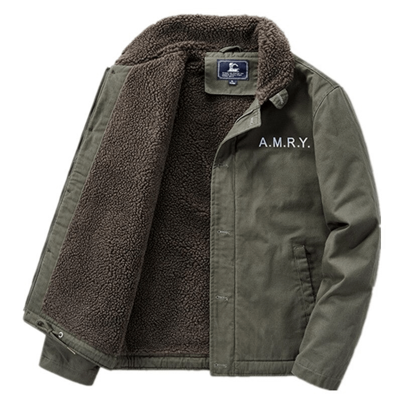 Stylish military jacket in olive green with cozy sherpa lining and embroidered A.M.R.Y. on the front.
