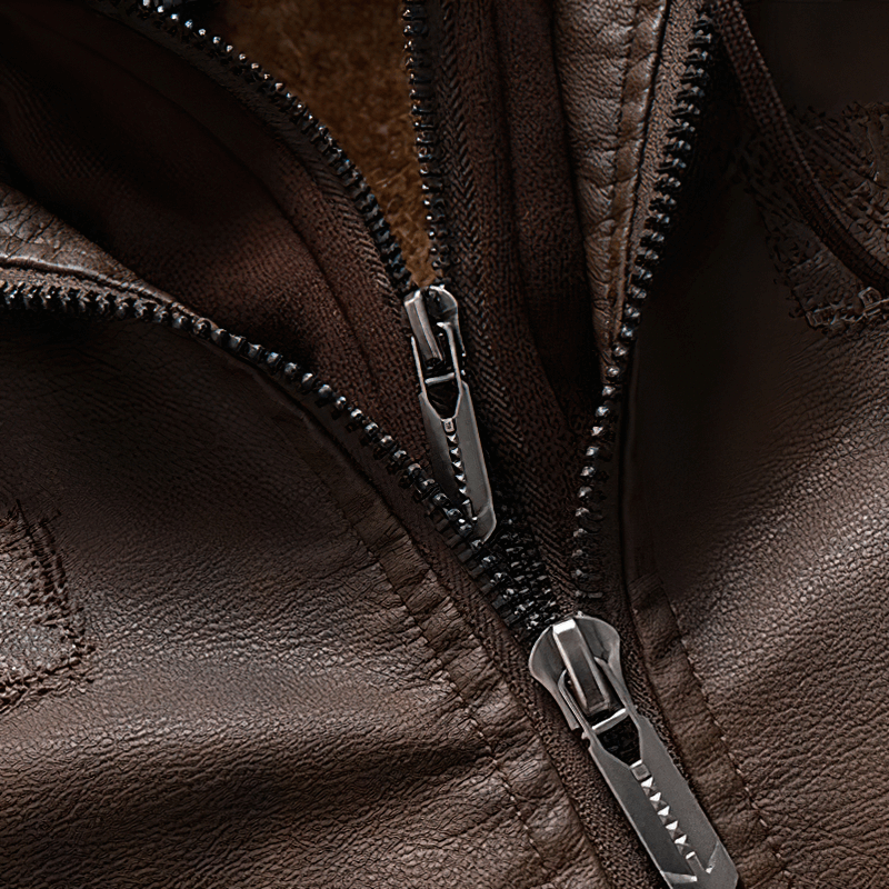 Close-up of the zipper detail on a stylish brown faux leather motorcycle hooded jacket for men.