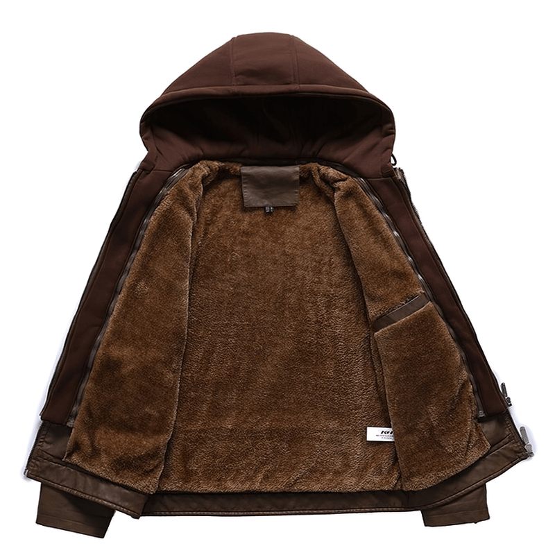 Inside view of a casual motorcycle hooded jacket for men, showcasing its warm fleece lining and faux leather design.