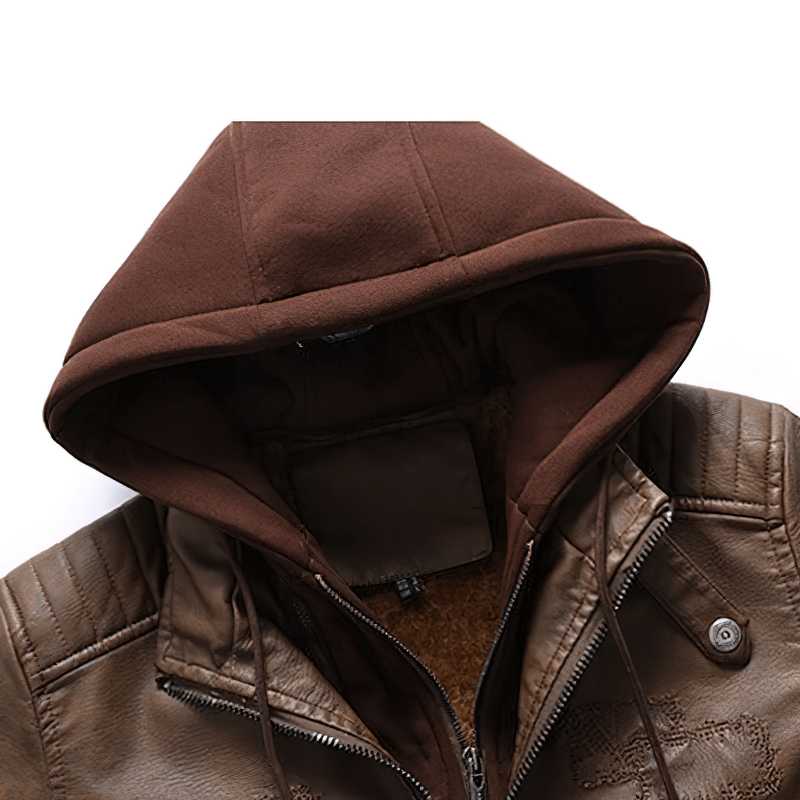 Close-up of a casual men's motorcycle hooded jacket, featuring brown fleece lining and faux leather material.