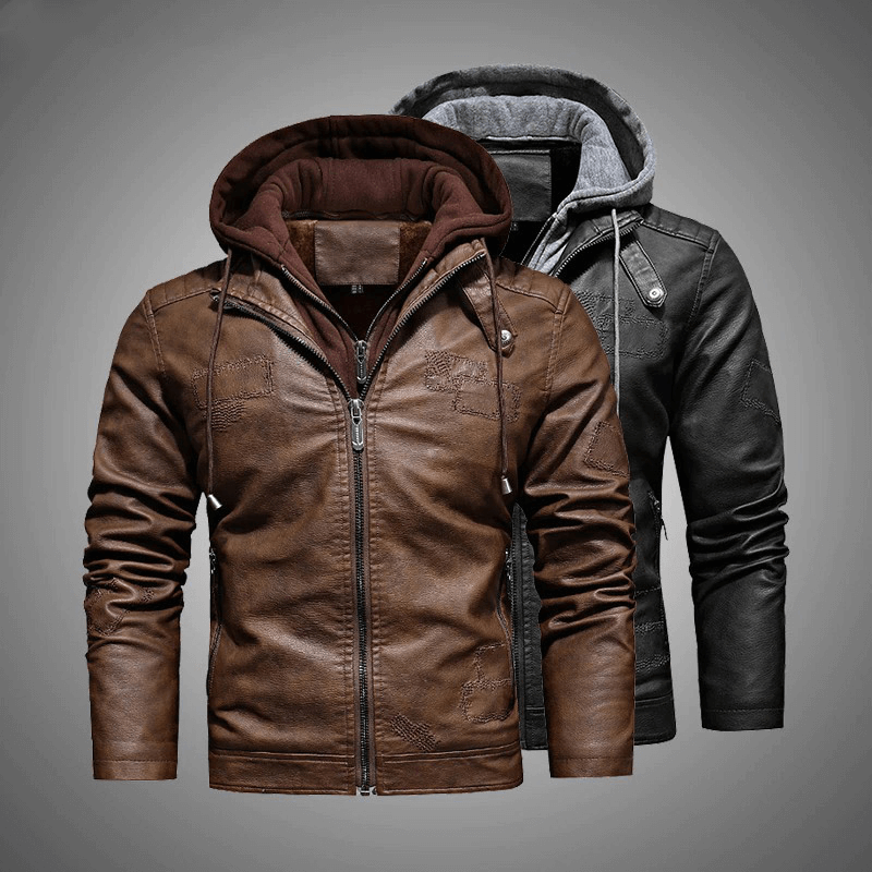 Stylish men's casual motorcycle hooded jackets in brown and black faux leather, featuring cozy fleece lining for warmth.
