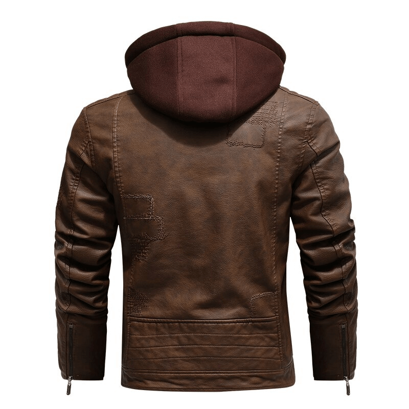 Men's casual motorcycle hooded jacket, featuring brown faux leather and fleece lining for warmth and style.