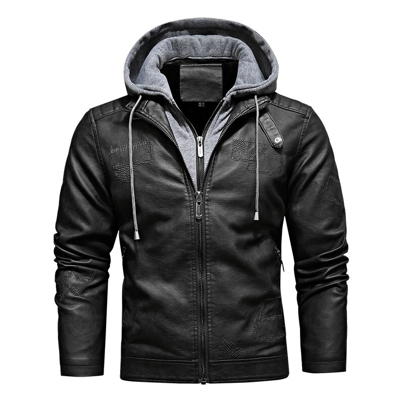 Casual men's motorcycle hooded jacket in black faux leather with fleece lining for warmth and style.