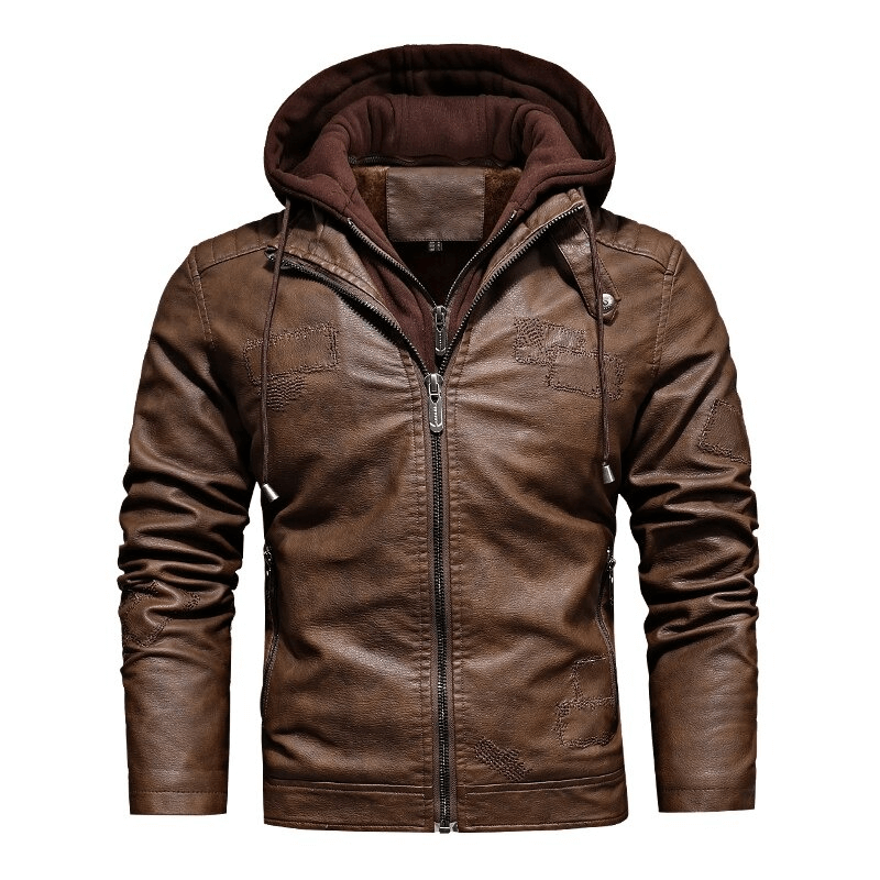 Casual men's hooded motorcycle jacket in brown faux leather with fleece lining and zip closure.
