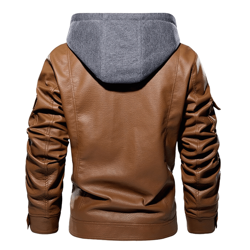 Rear view of a stylish men's brown PU leather jacket with a grey removable hood, ideal for casual motorcycle wear.