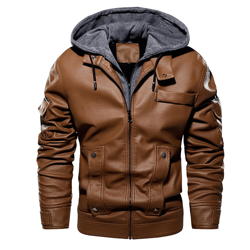 Casual brown PU leather motorcycle jacket for men with fleece hood, perfect for style and warmth.