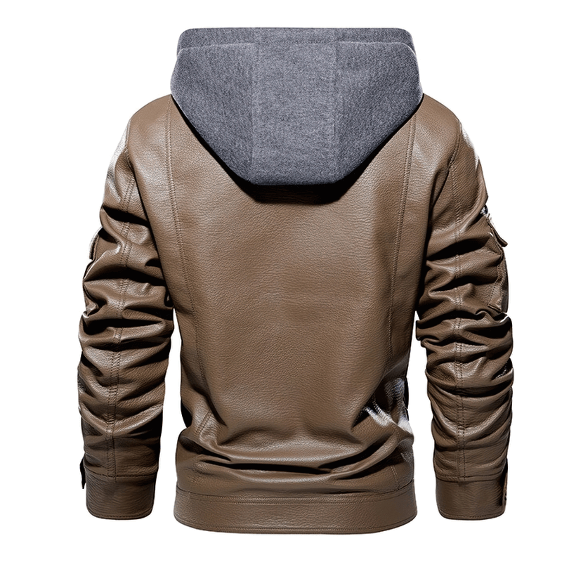 Back view of a casual men's motorcycle PU leather jacket with a removable gray fleece hood.