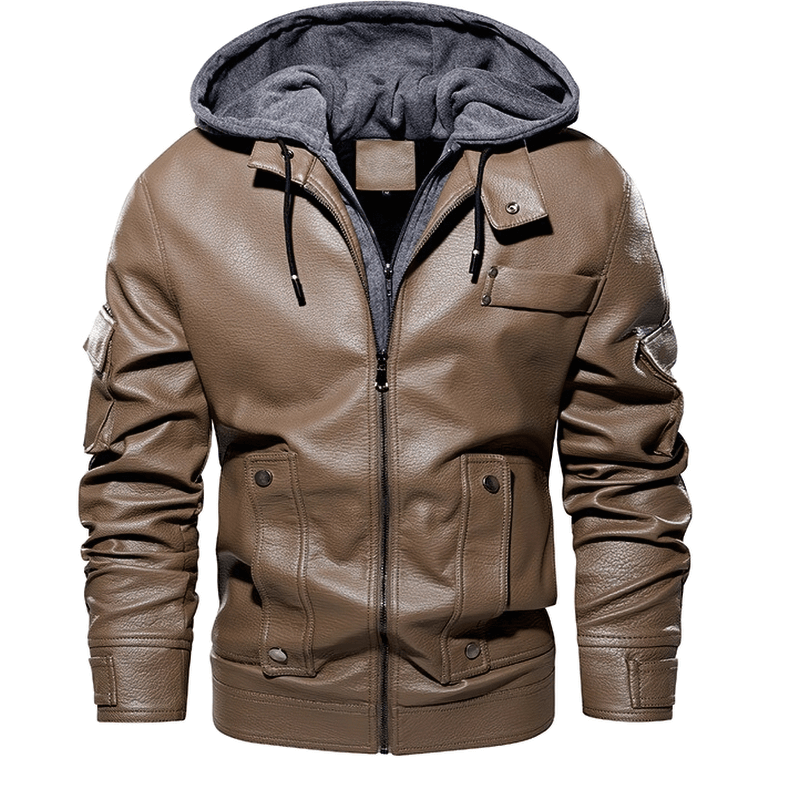 Men's brown PU leather motorcycle jacket with removable hood and fleece lining, perfect for warmth and style.