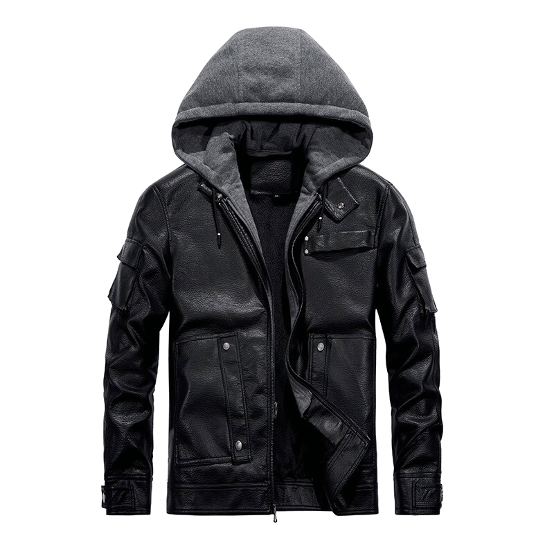 Men's casual motorcycle PU leather jacket with fleece removable hood in black, stylish and warm for cold weather.