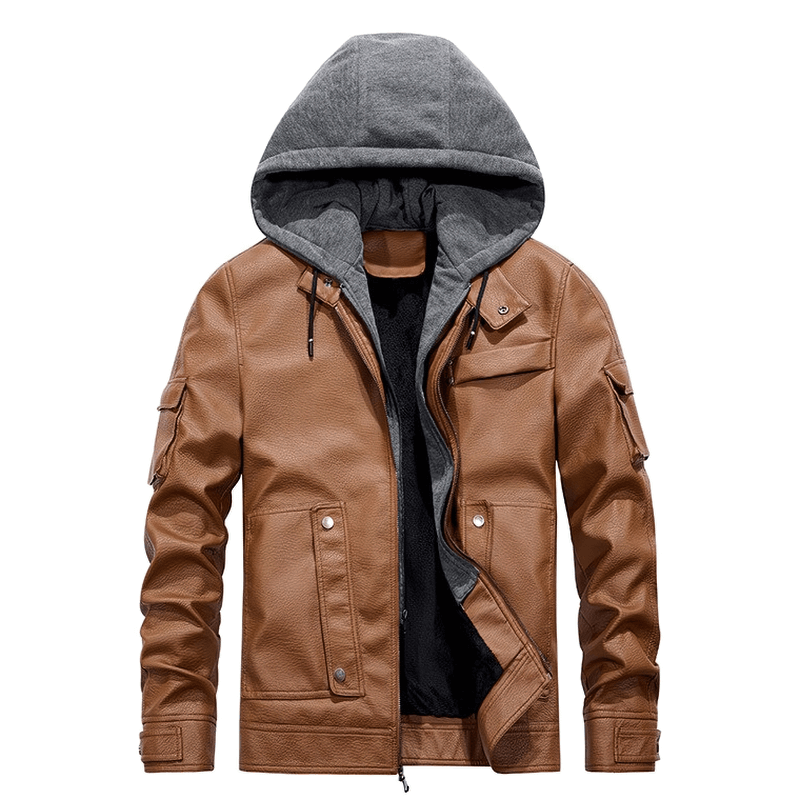 Casual brown PU leather motorcycle jacket for men with grey removable hood and fleece lining.