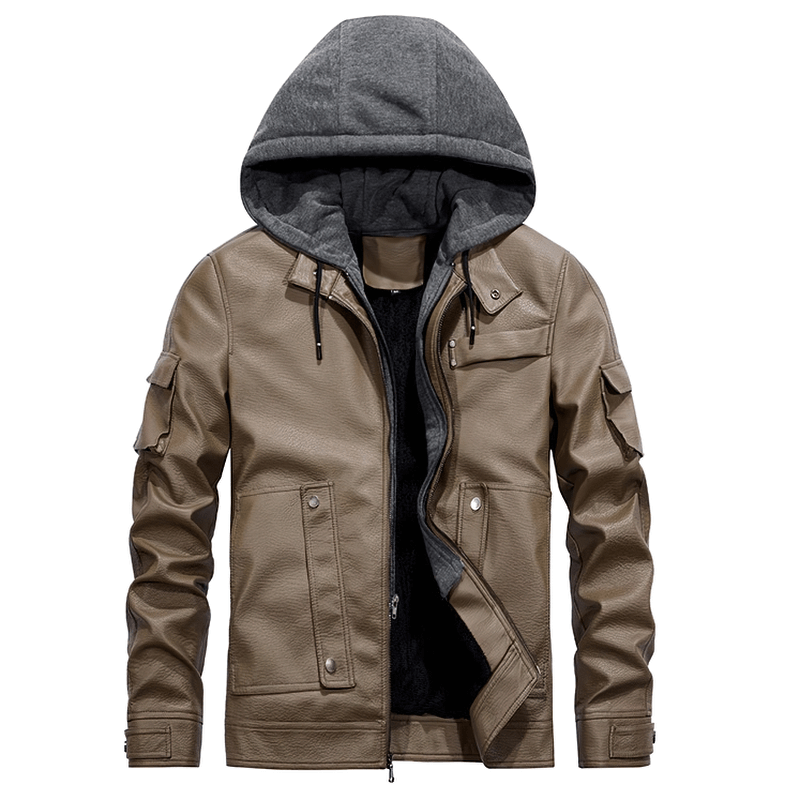 Casual motorcycle PU leather jacket for men with removable fleece hood in stylish brown.