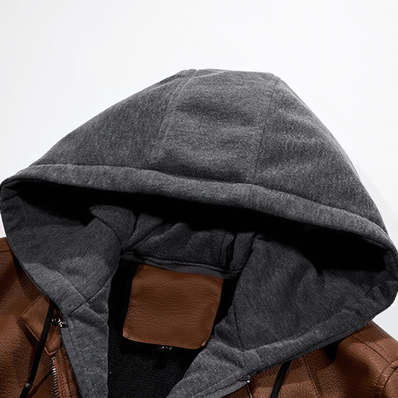 Close-up of the warm removable hood on a men's PU leather motorcycle jacket.