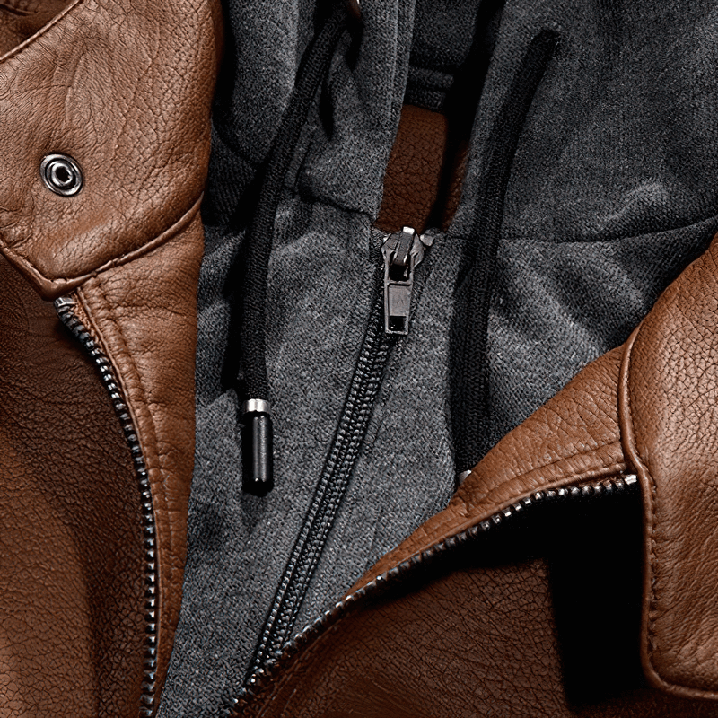 Close-up of a brown PU leather jacket with removable fleece hood and zipper, showcasing quality material and stylish design.