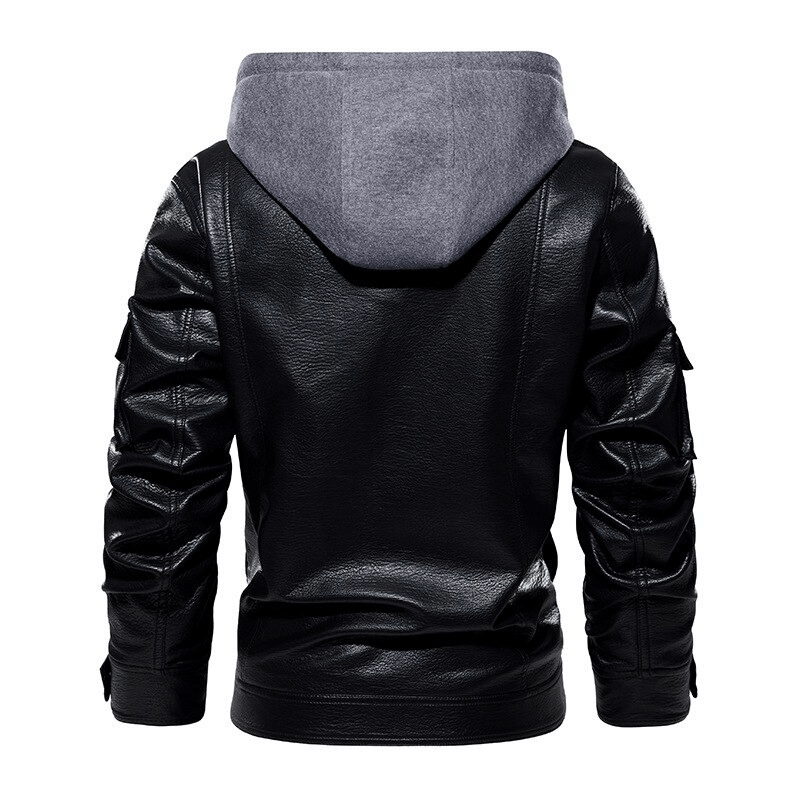 Back view of a men's casual motorcycle PU jacket with a removable gray fleece hood and stylish shoulder details.