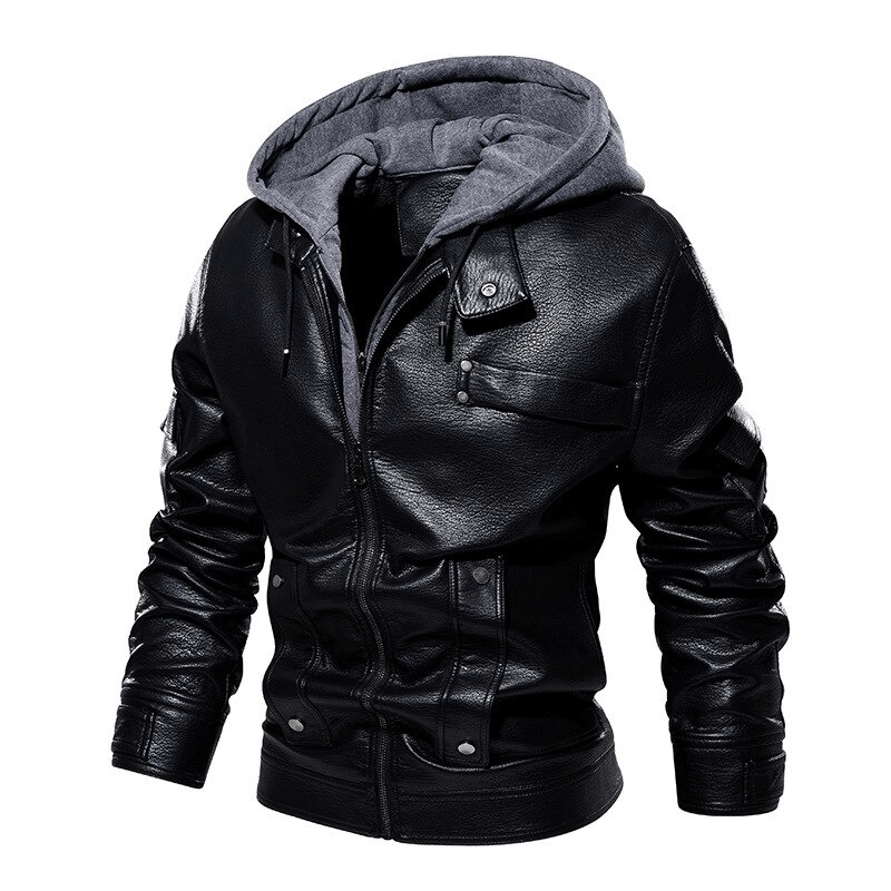 Casual Motorcycle PU Jacket for Men / Fleece Jackets With Slim Removable Hood / Warm Male Clothing