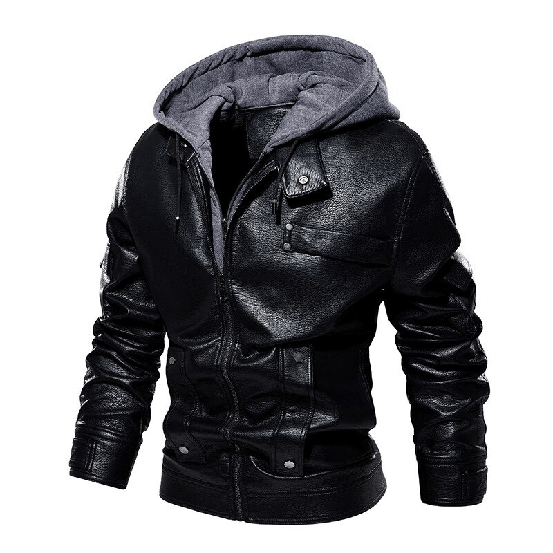 Casual men's motorcycle PU leather jacket with removable hood in black color, stylish and warm fleece interior.