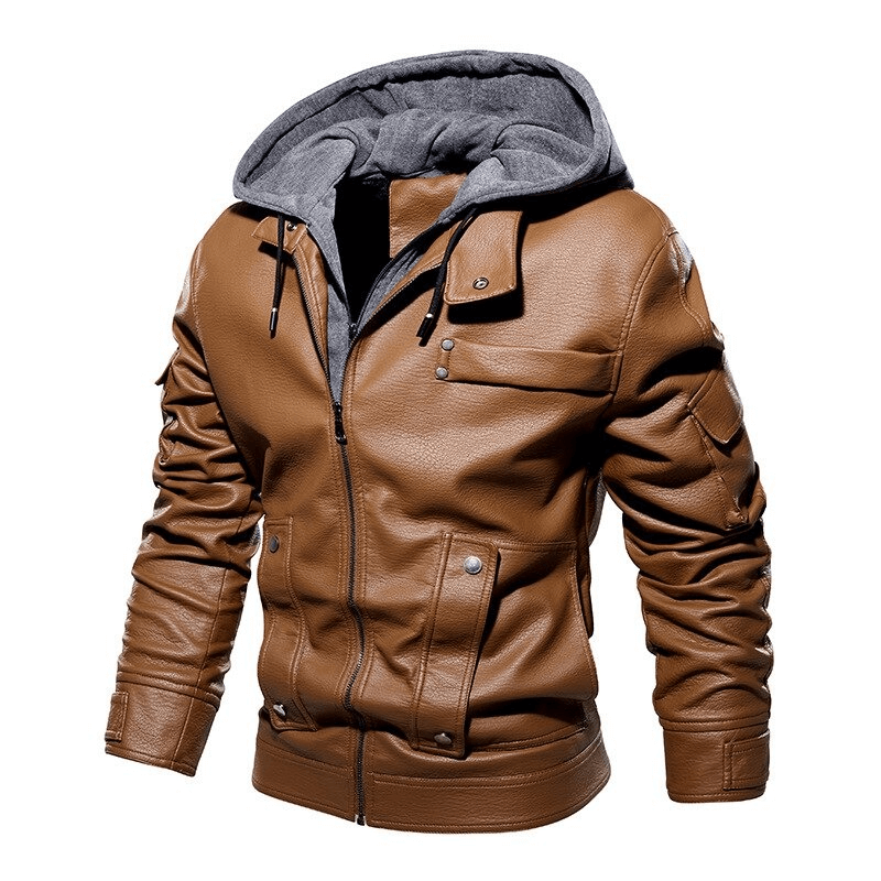Men's casual motorcycle PU leather jacket with fleece lining and removable hood in stylish brown color.