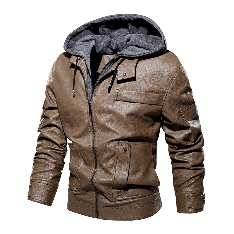 Men's casual brown PU leather motorcycle jacket with removable hood and stylish design.