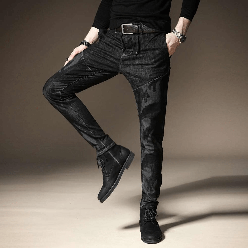 Casual Original Black Camouflage Jeans / Fashion Zipper Fly Denim Pants for Men