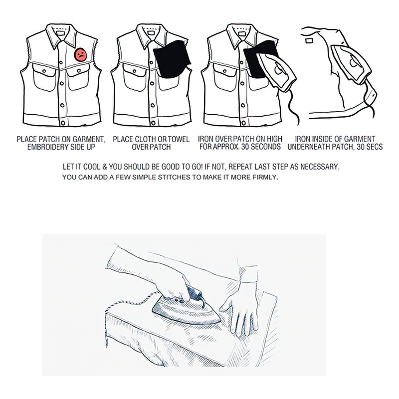 Instructions for applying a patch to a vest: placement, ironing, and stitching tips for secure attachment.