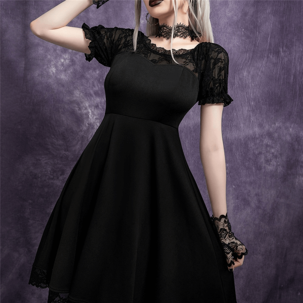 Casual Patchwork Lace A-Line Dresses / Gothic Short Sleeves Women's Dress