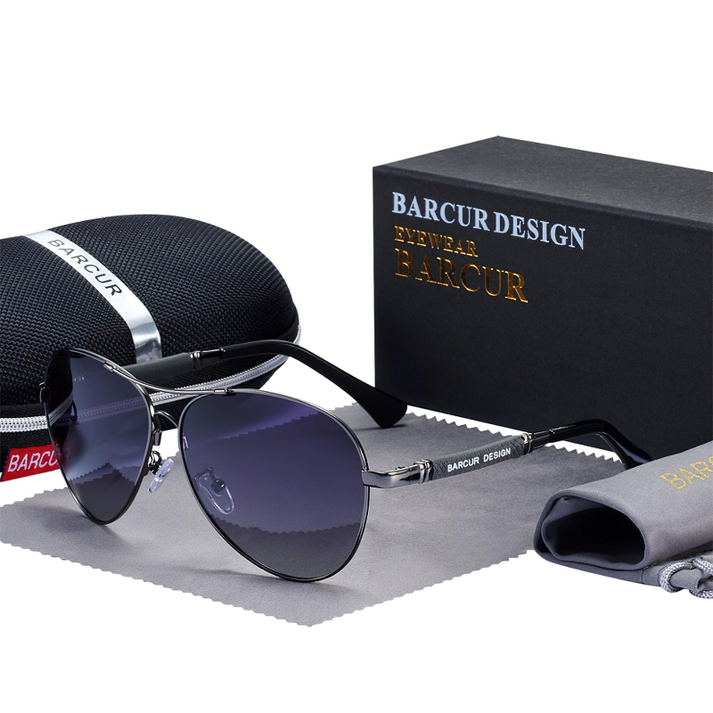 Stylish polarized gradient sunglasses by Barcur, showcased with a sleek case and cleaning cloth, perfect for casual wear.