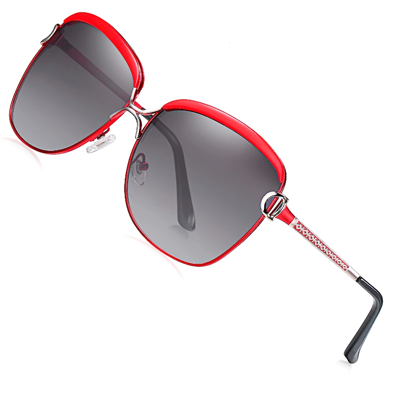 Stylish red women's sunglasses with large gray lenses, perfect for casual wear and sun protection.