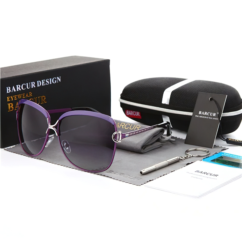 Casual polarized sunglasses for women in purple, showcased with accessories including a case and cloth.