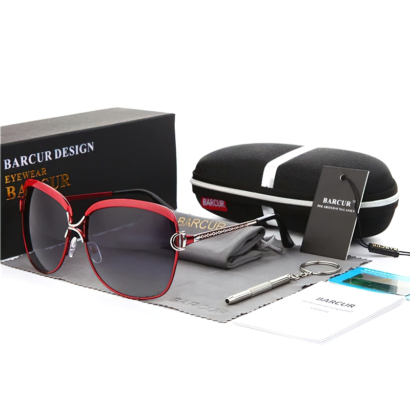 Barcur women's sunglasses set, featuring stylish red frame, UV protection, and case for casual chic summer look.