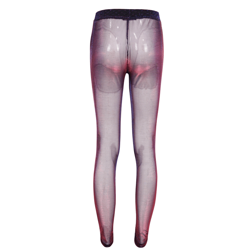 Trendy purple transparent leggings for women with an elastic waist, perfect for casual and gothic styles.