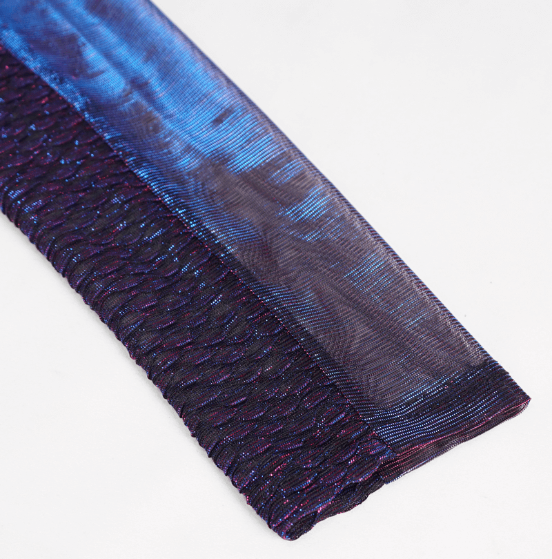 Close-up of casual purple transparent leggings showcasing elastic waist and trendy fabric texture.