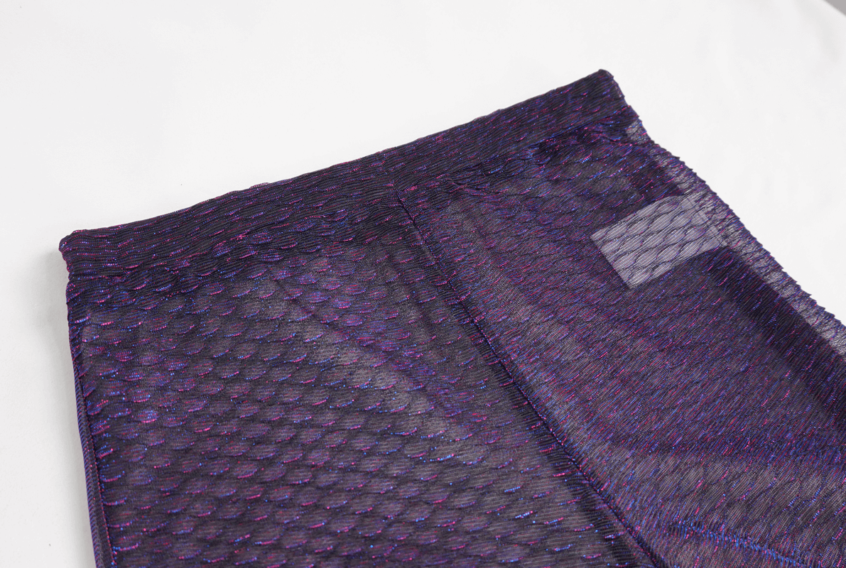 Casual purple transparent leggings for women with elastic waist, showcasing stylish texture and modern design.