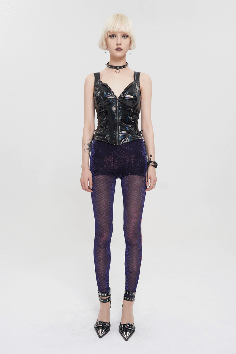 Trendy gothic women’s purple transparent leggings paired with a stylish black corset, perfect for casual wear.