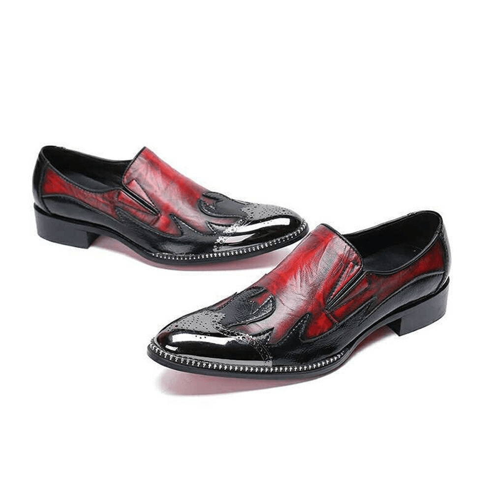 Men's casual red leather loafers with rhinestones and flexible soles for comfort and style.