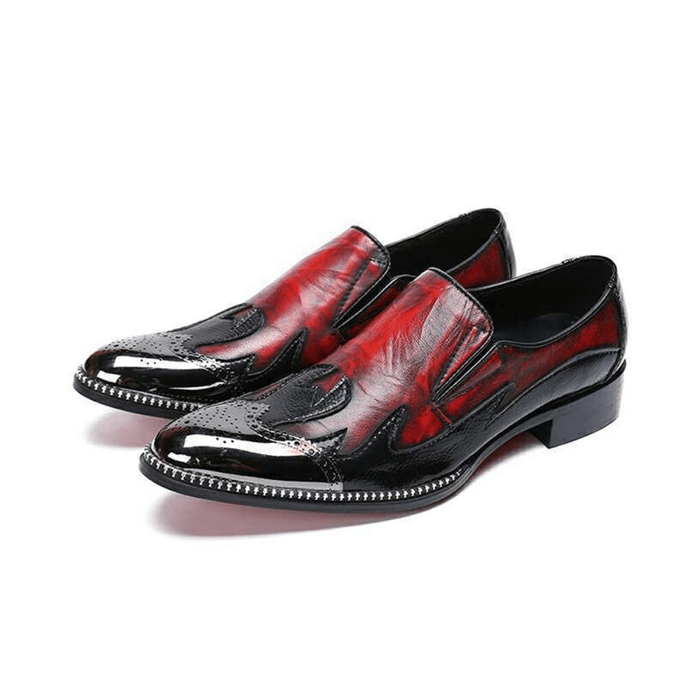 Stylish men's red and black slip-on loafers with a shiny finish and decorative border.