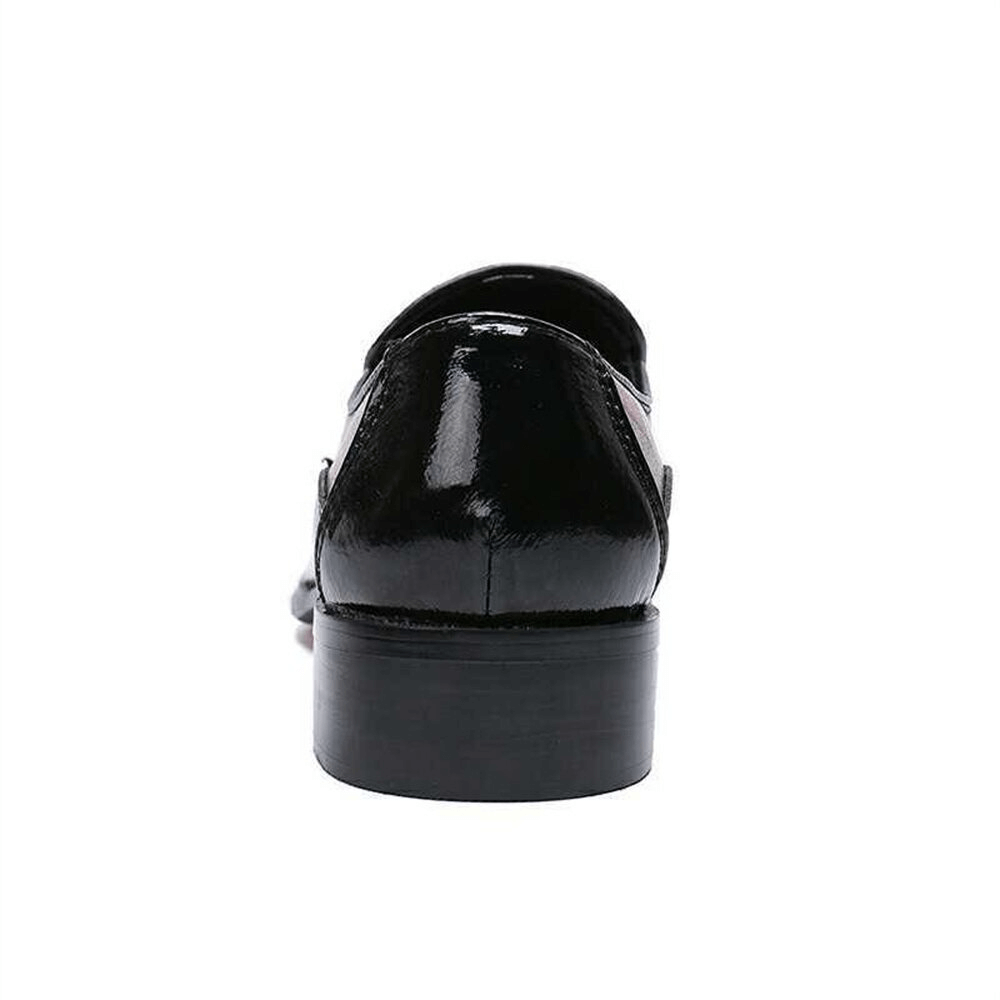 Stylish black loafers with a glossy finish, showcasing the back view and sleek design suitable for casual wear.